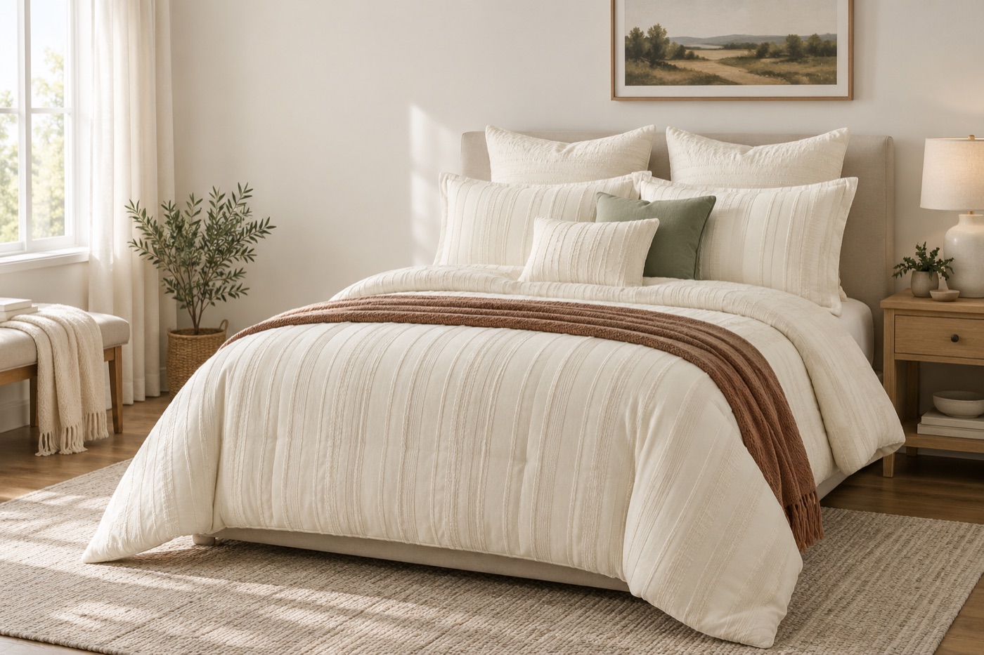 Bedroom styled with a cream comforter set and a clay throw