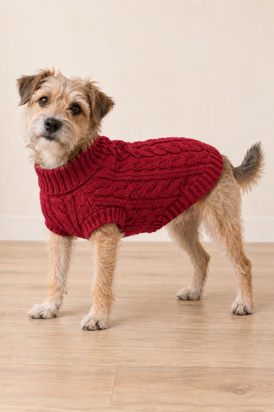Small dog in a cranberry cable-knit sweater