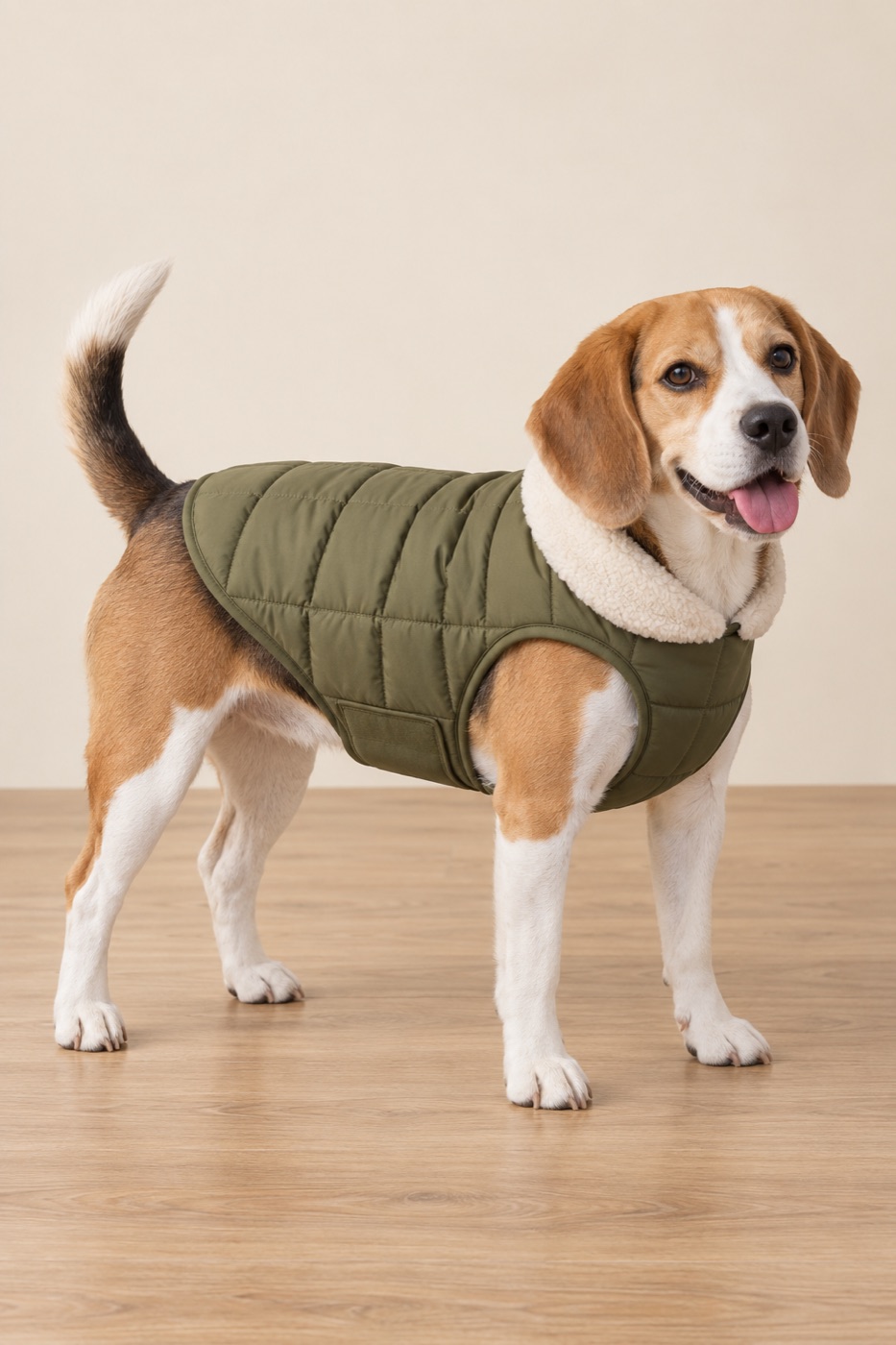 Dog in a quilted puffer jacket