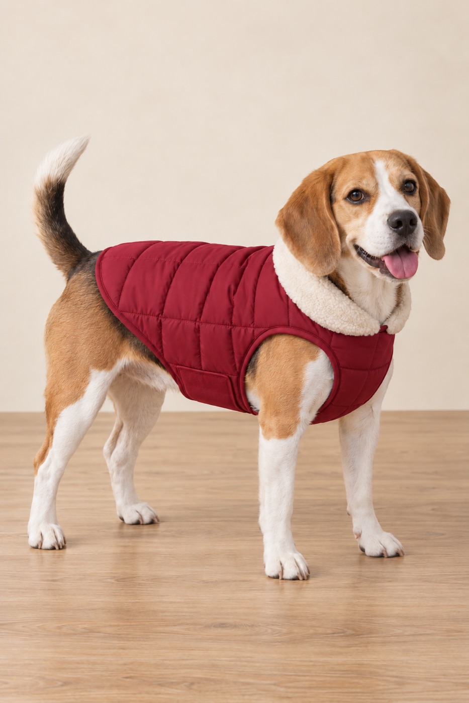 Beagle in a cranberry quilted puffer